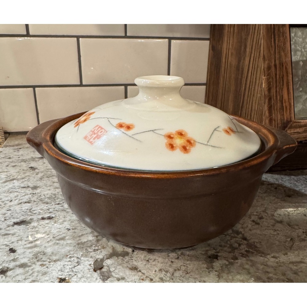 Korean Earthenware Dolsot Pot Brown Ceramic Floral Lid Bibimbap Casserole Dish